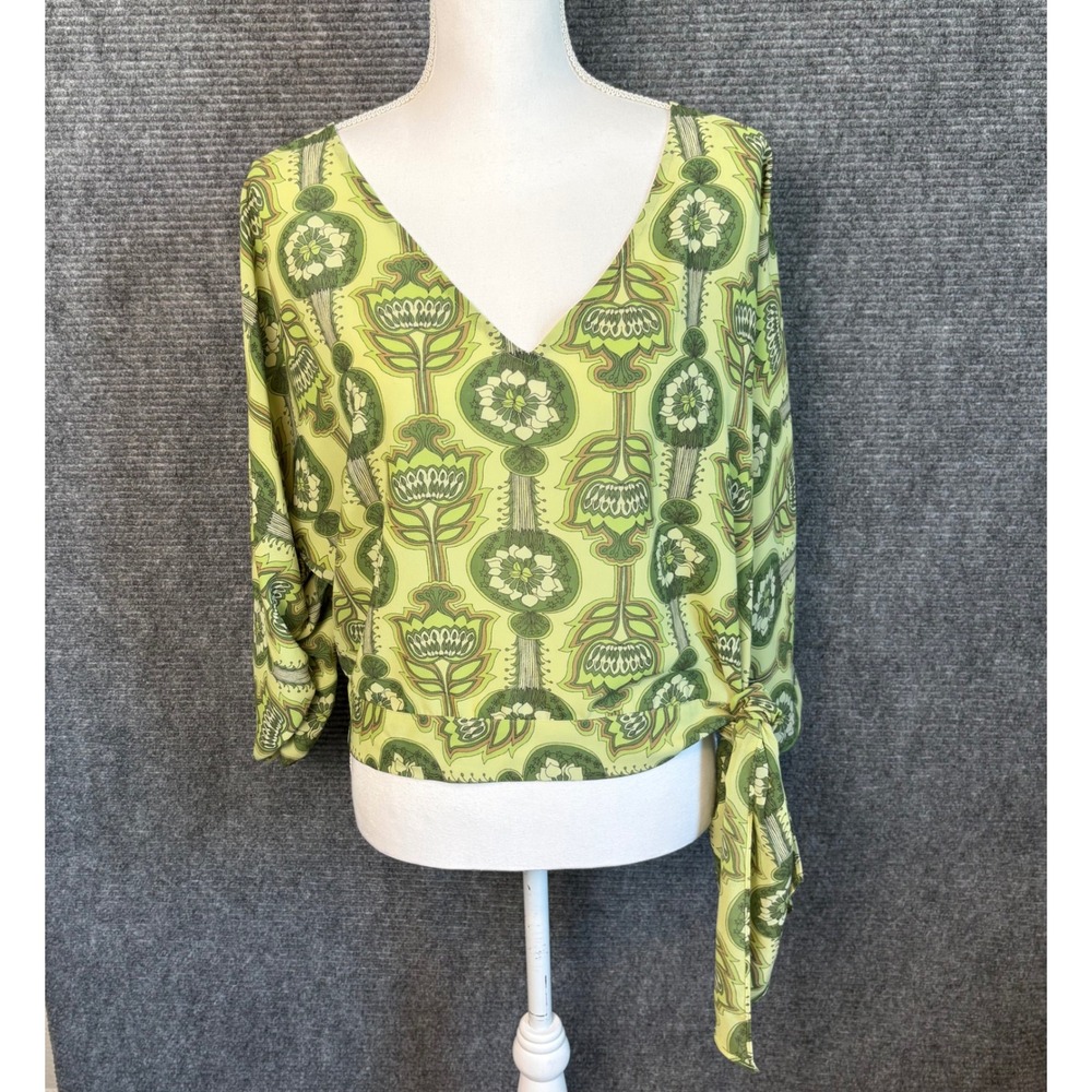 New York & Company Green Retro Floral Tie Hem Blouse Womens Large Boho